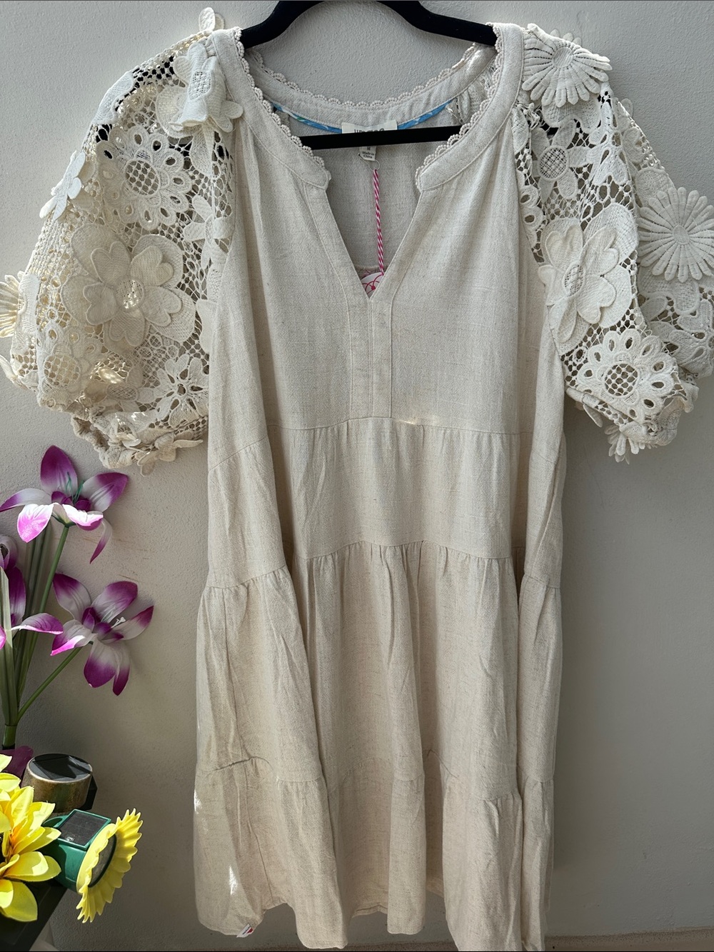 Umgee Cream Crochet Detail Dress with Scalloped Trim
